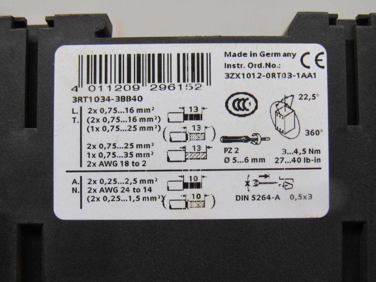 Siemens 3RT1034-3BB40 690V 30Hp Motor Starter Contactor 24VDC Coil