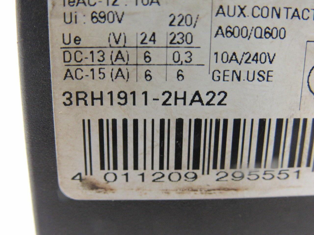 Siemens 3RH1911-2HA22 10A 240V Auxiliary Contact Lot Of 3