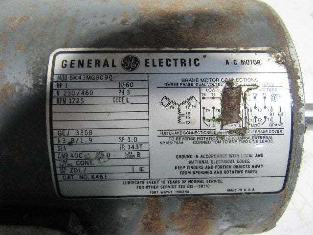 General Electric 5K43MG8090 1Hp 1725RPM 230/460V 7/8" Shaft Motor W/ Brake Parts