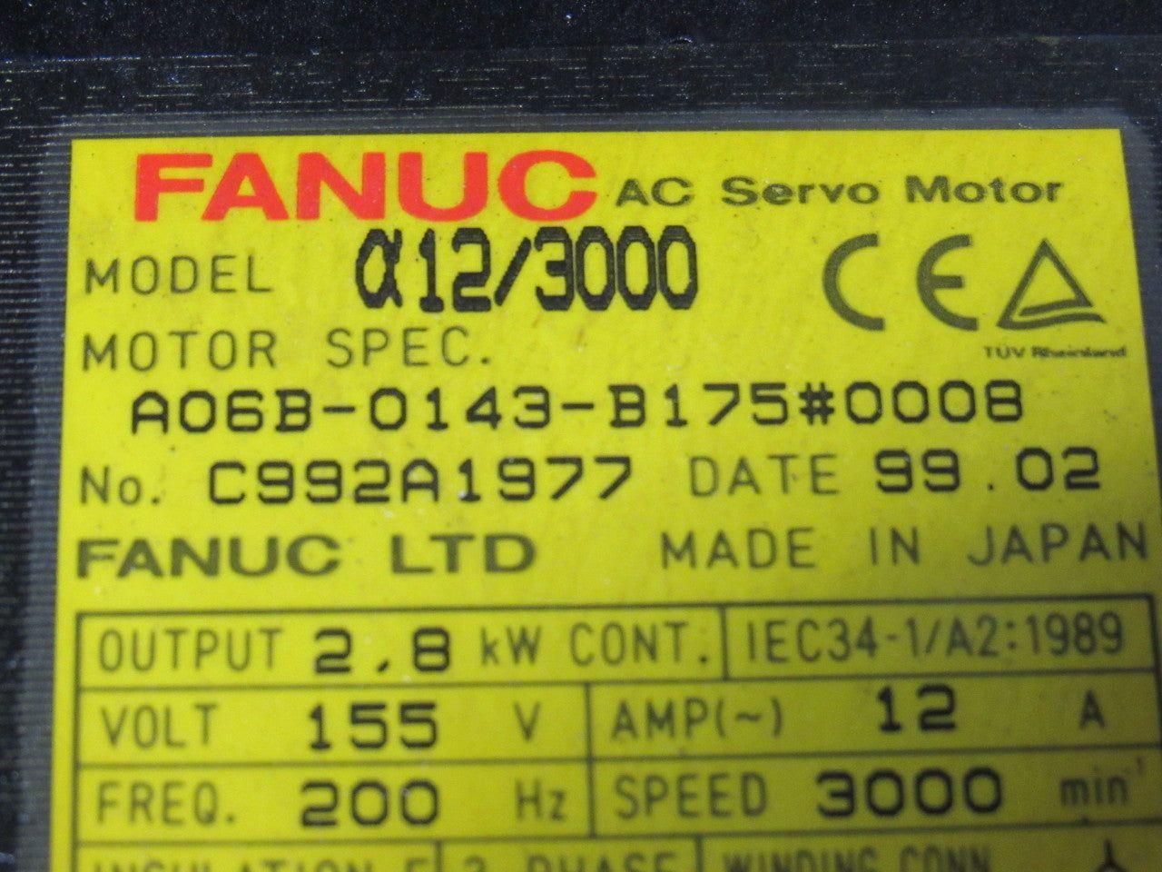 Fanuc A06B-0143-B175 #0008 a12/3000 AC Servo Motor W/Brake