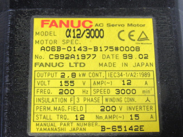 Fanuc A06B-0143-B175 #0008 a12/3000 AC Servo Motor W/Brake