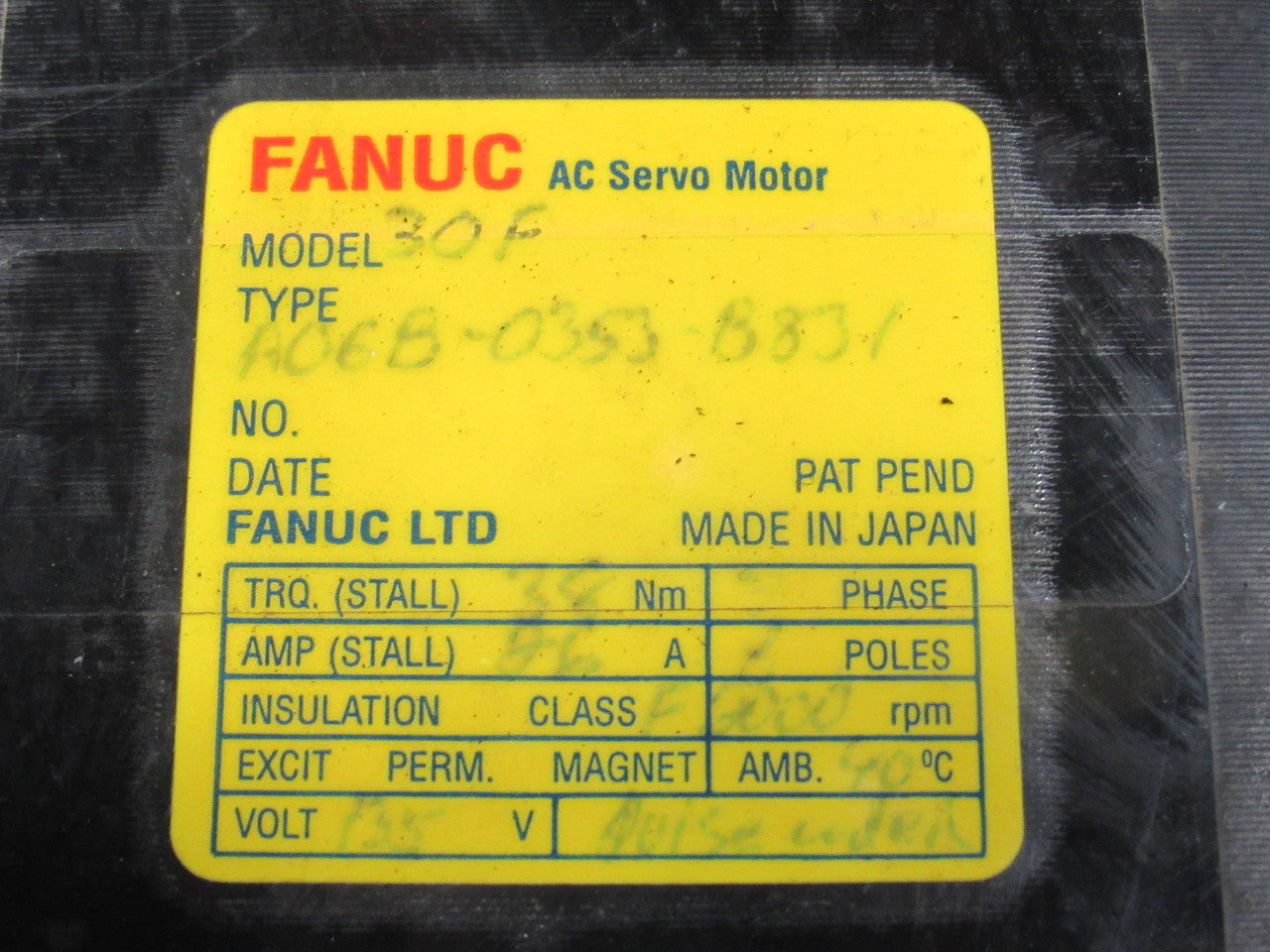 Fanuc A06B-0353-B831 135V 38Nm Stall Torque 3Ph Permanent Magnet AC Servo Motor