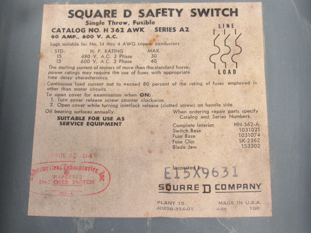 Square D Pyle H362AWK JRCBB-36036 60A 600V 3P Fused Disconnect W/ Style J Plug