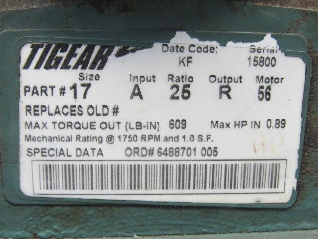 Dodge Tigear #17 1/2Hp Gear Motor Speed Reducer 26:1 Ratio W/Brake