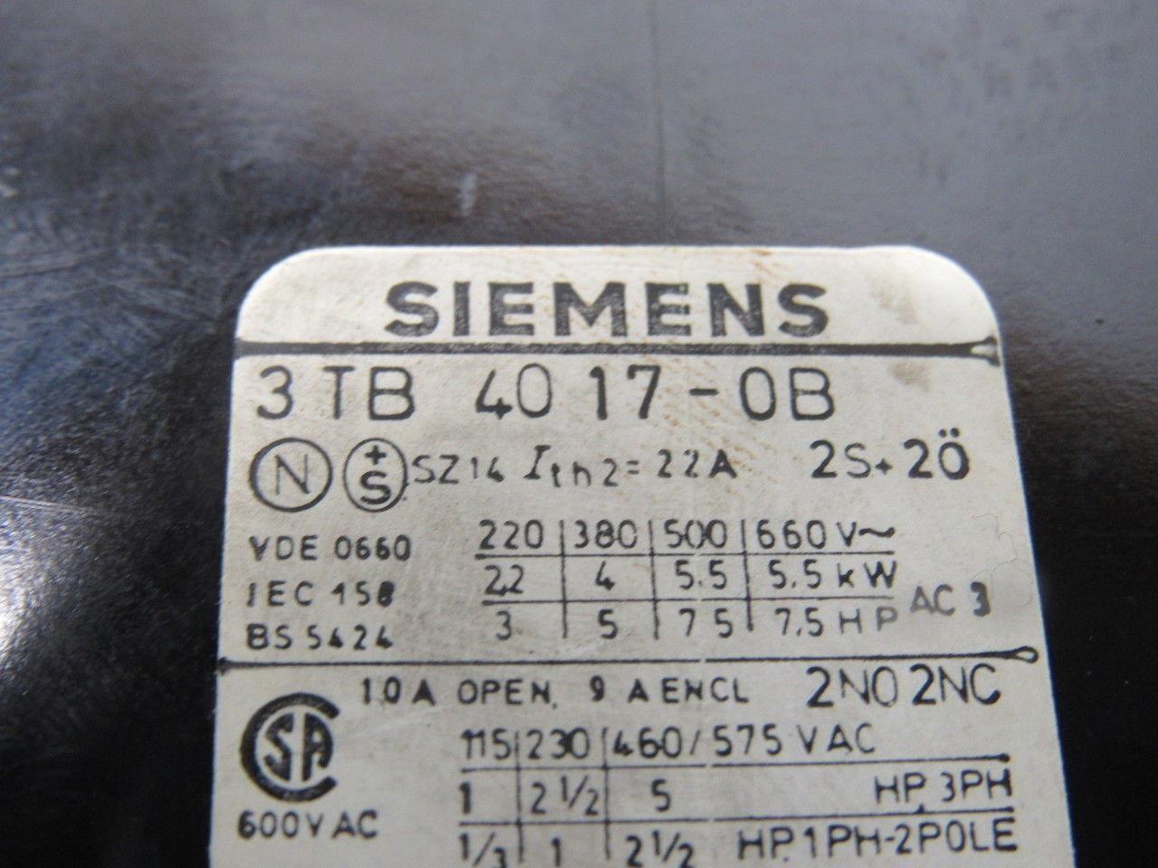 Siemens 3TB4017-0B Contactor 24VDC Coil