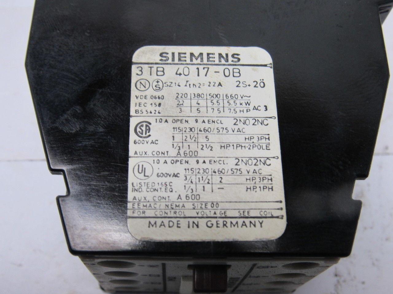 Siemens 3TB4017-0B Contactor 24VDC Coil