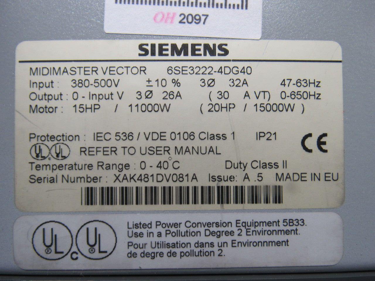 Siemens 6SE3222-4DG40 Midimaster Vector Drive Input 380/500V Motor 15 -20Hp