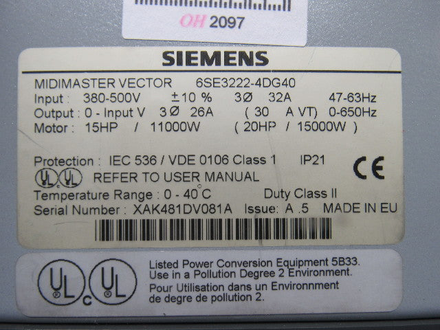 Siemens 6SE3222-4DG40 Midimaster Vector Drive Input 380/500V Motor 15 -20Hp