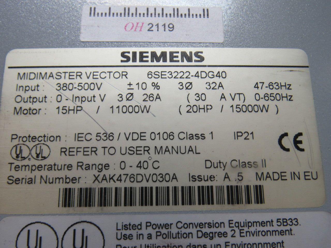 Siemens 6SE3222-4DG40 Midimaster Vector Drive Input 380/500V Motor 15 -20Hp