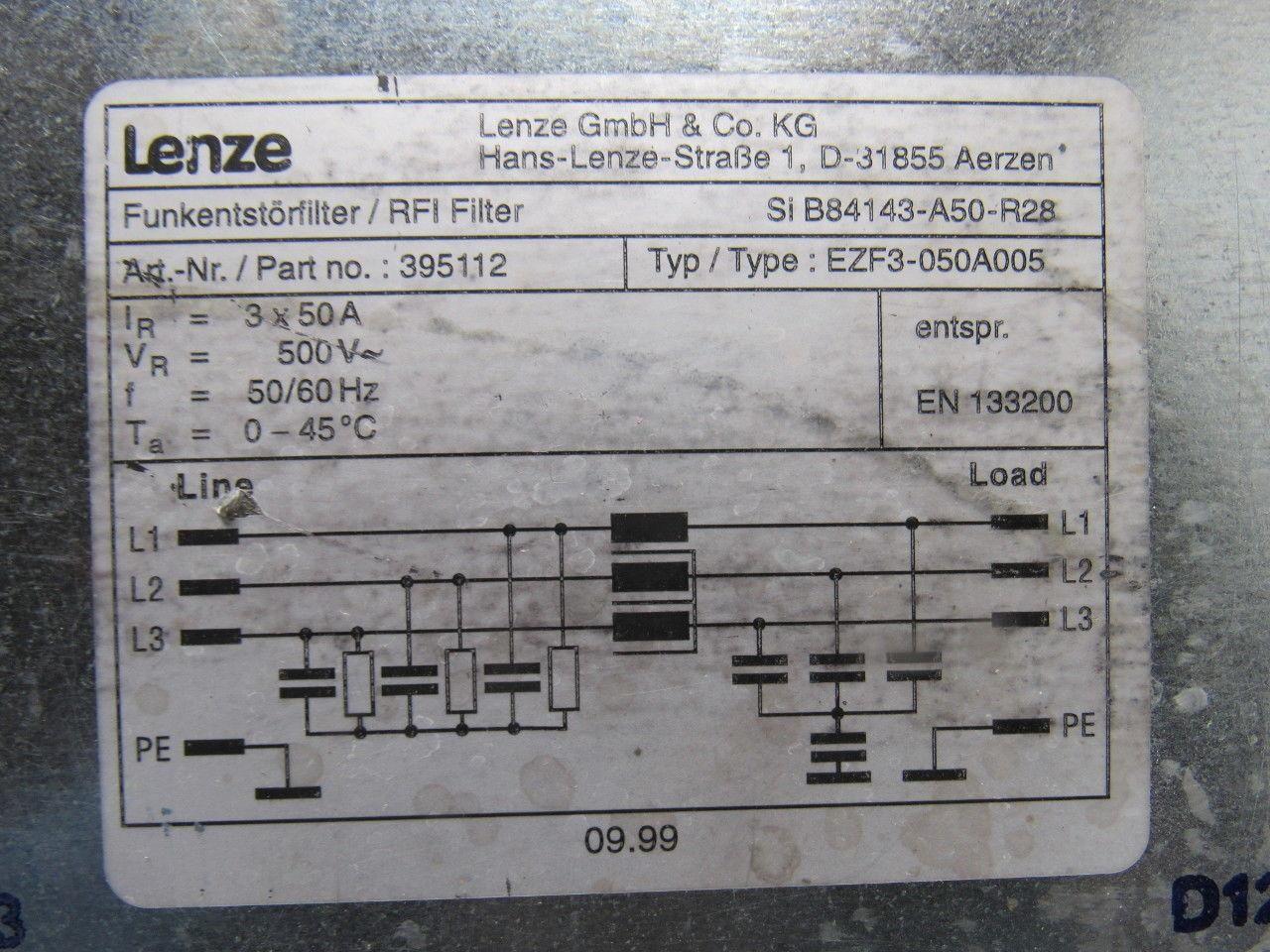 Lenze EZF3-050A005 RFI Line Filter 500V 3x50A 50/60Hz