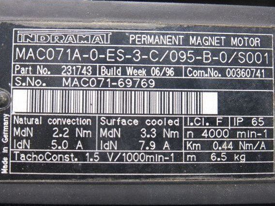Indramat MAC071A-0-ES-3-C/095-B-0/S001 4000 RPM Servo Motor W/ Tachofeedback