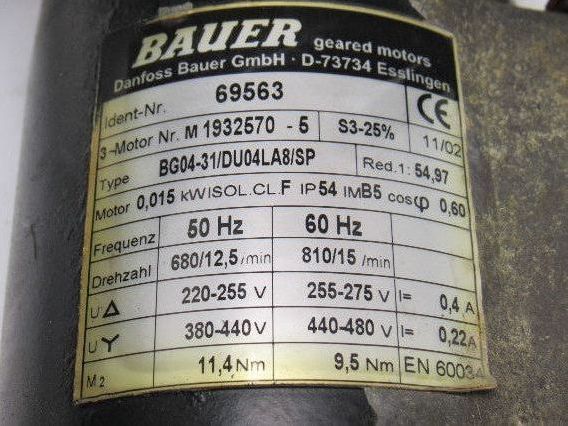 Danfoss Bauer BG04-31/DU04LA8/SP 0,015kW 810RPM 255-480V 50/60Hz Geared Motor