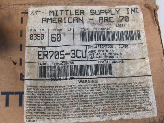 Mittler Supply ER70S-3CU American Arc 70 0.350 Copper Welding Wire 60# Spool