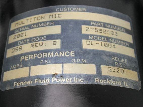 Fenner 07550500 DL-1004 Hydraulic Pump Power Unit 24VDC 3300 PSI Muliton Mic