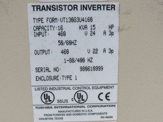 Toshiba VT130G3U4160 16kVa 15Hp 460V .1-80/400Hz Output Transistor Inverter