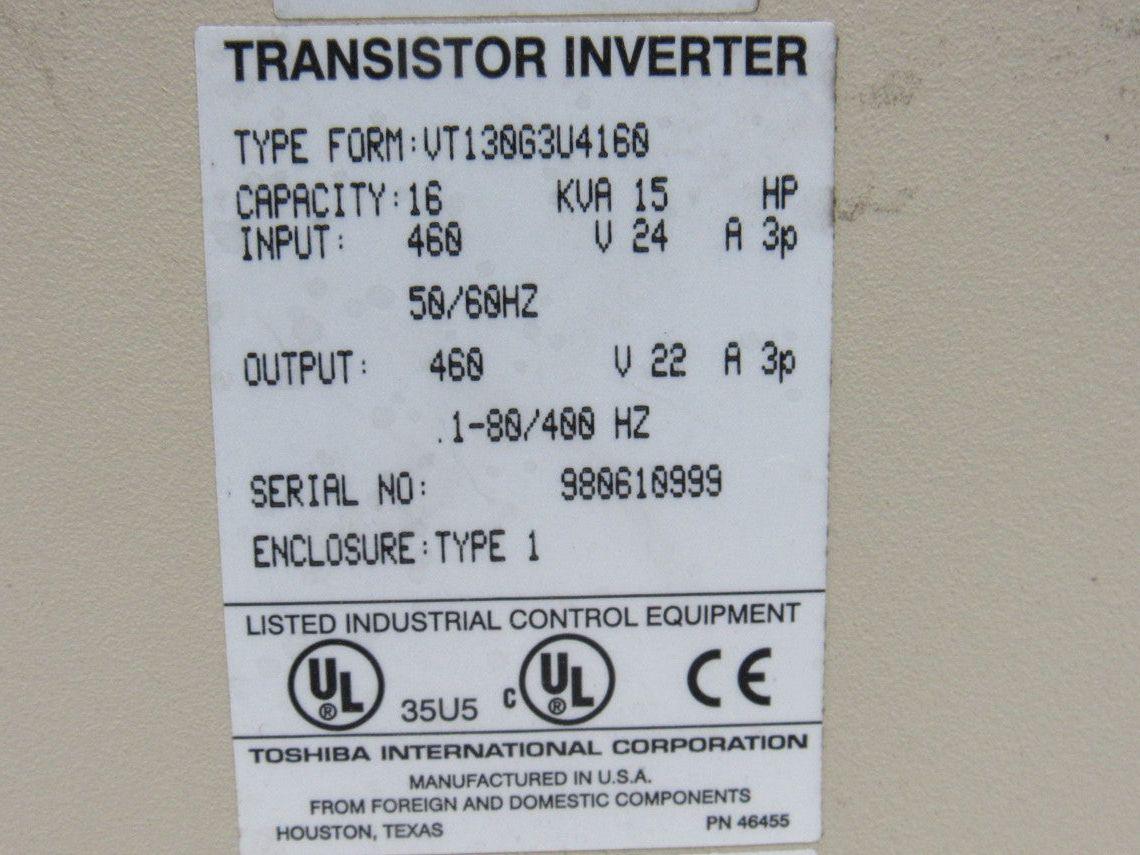 Toshiba VT130G3U4160 16kVa 15Hp 460V .1-80/400Hz Output Transistor Inverter