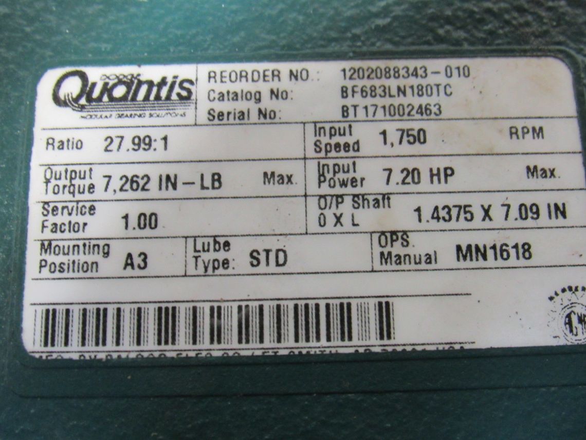 Dodge BF683LN180TC 27.99:1 Ratio 1750RPM Input 62.5RPM Hollow Shaft Gearbox