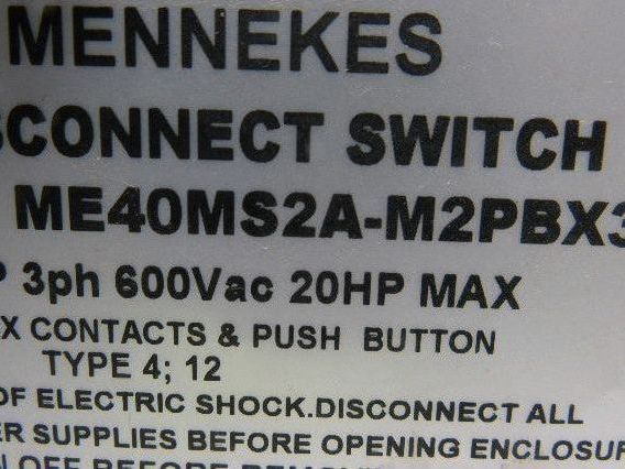 Mennekes ME40MS2A-M2PBX3 40A 3Ph 600VAC 20Hp HDI Disconnect Switch