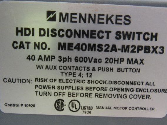 Mennekes ME40MS2A-M2PBX3 40A 3Ph 600VAC 20Hp HDI Disconnect Switch