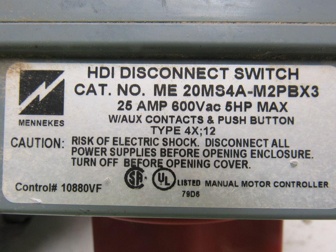 Mennekes ME20MS4A-M2PBX3 25A 600V 5Hp HDI Disconnect Switch