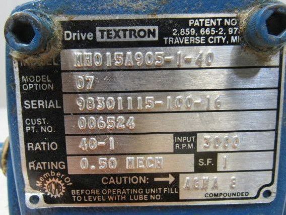 Cone Drive MH015A905-1-40 Gearbox 40:1 Reducer 3000/75rpm 0.5Hp LH 48 Frame