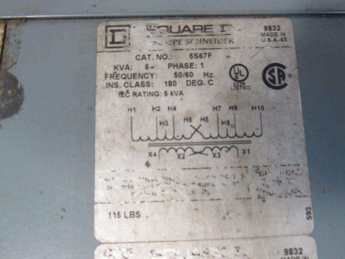 Square D 5S67F 440V Pri 110/240V Sec 1Ph 5kVa 50/60Hz Transformer