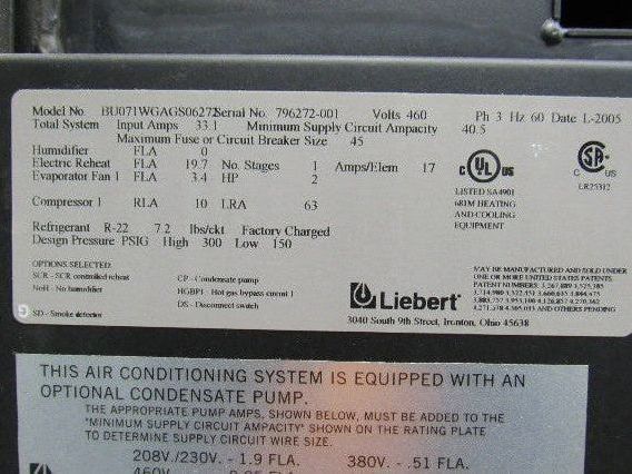 Libert BU071WGAGS060272 Liebert Upflow liquid Cooled AC 460v 3Ph