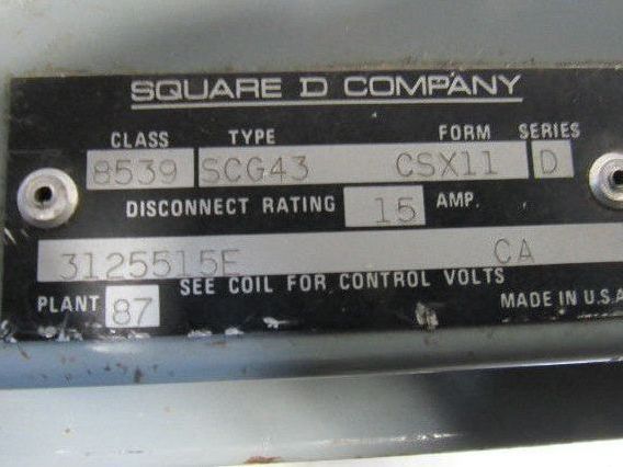 Square D 8539 SCG43 15A NEMA Size 1 Starter Disconnect Combo