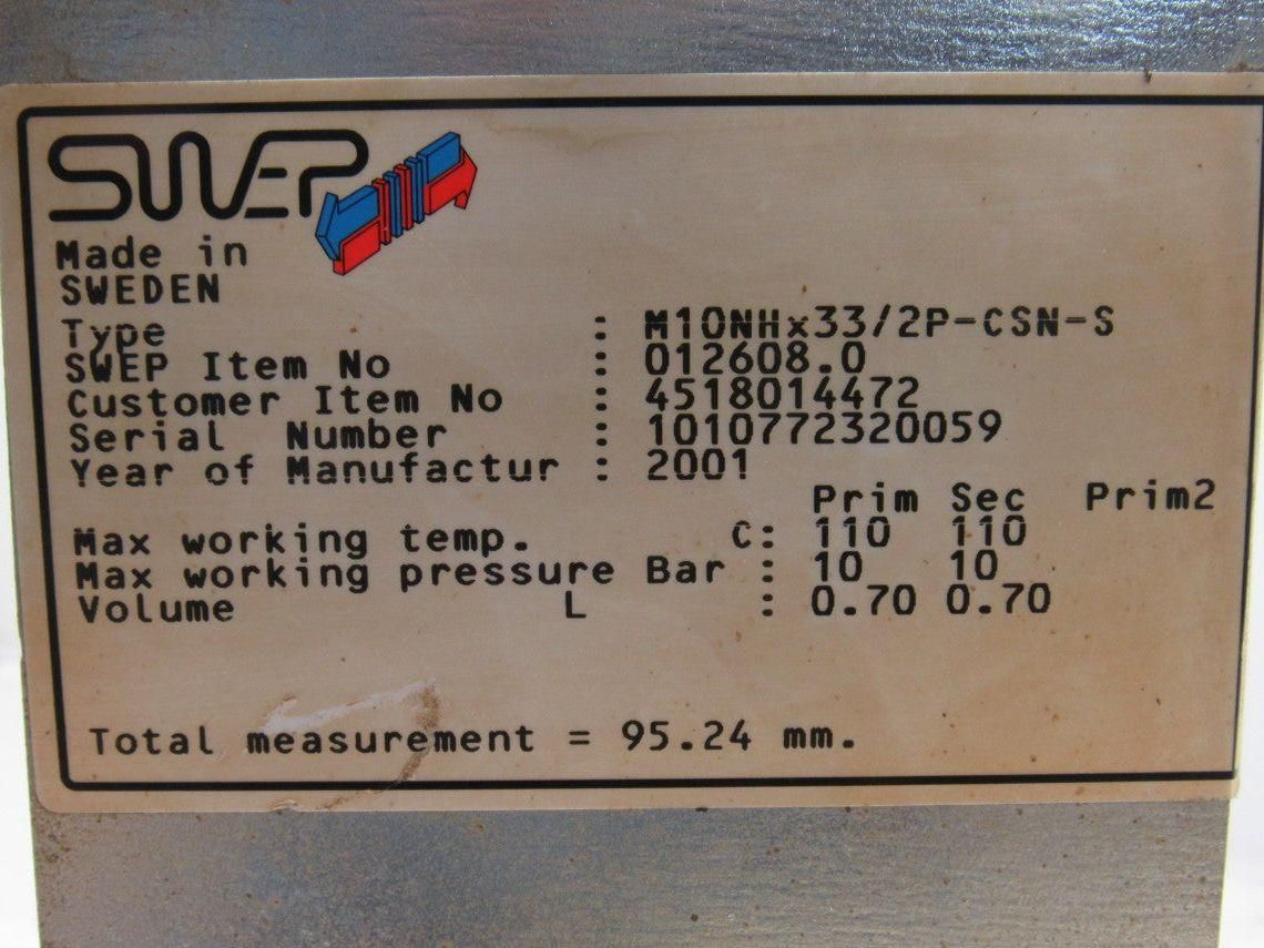 SWEP M10NHx33/2P-CSN-S Plate Heat Exchanger From a Trumpf Chiller