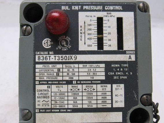 Allen Bradley 836T-T350JX9 80-550 PSI Range 600V Max Pressure Switch