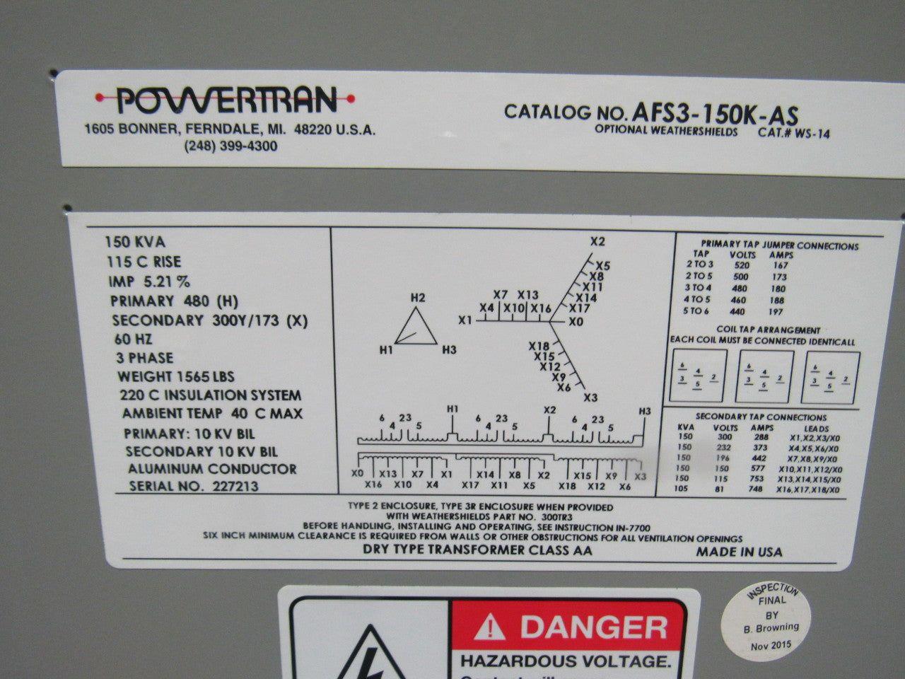 Powertran AFS3-150K-AS Dry Type Transformer 150KVA 480V Pri 300Y/173V Sec