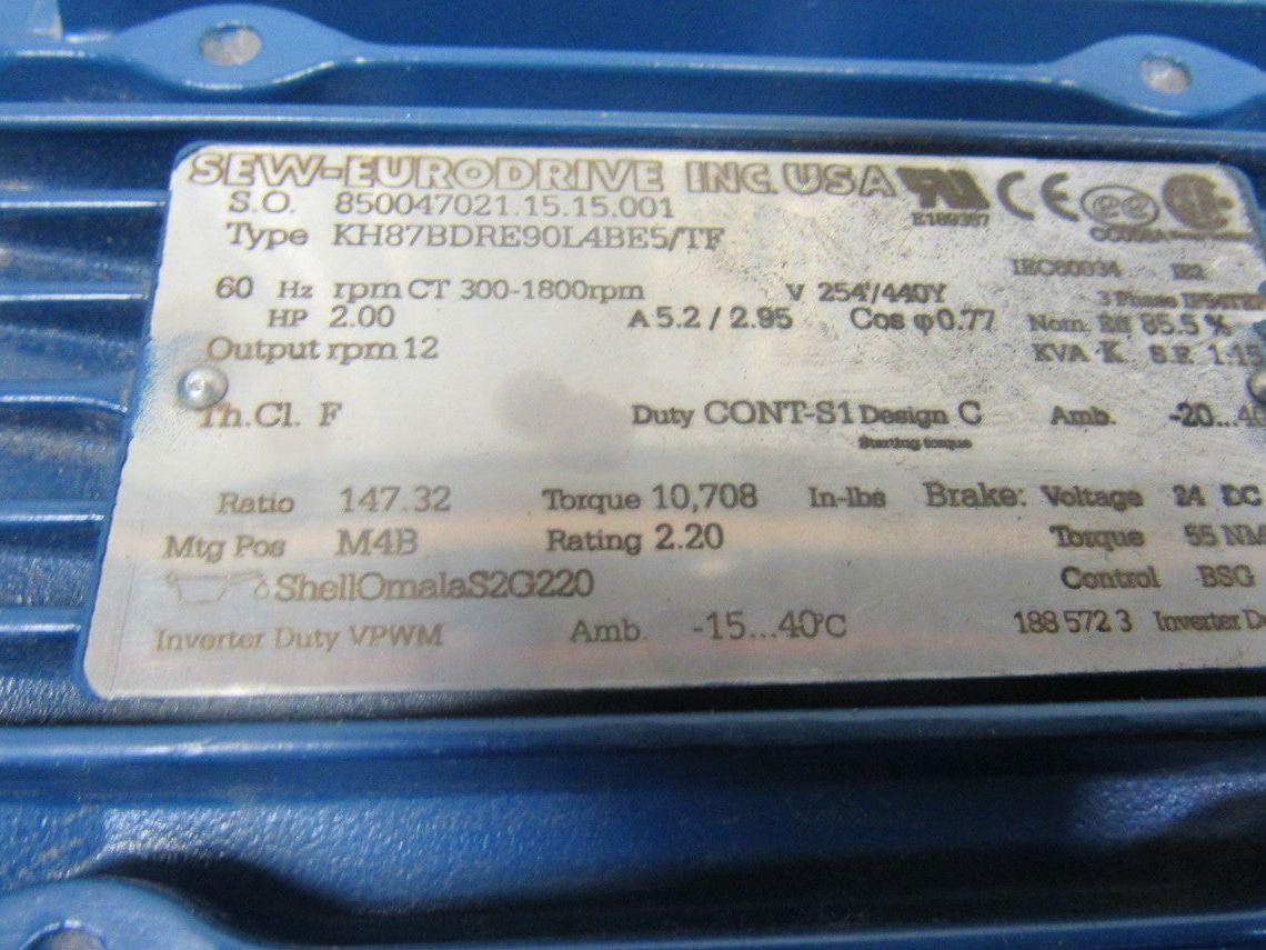 Sew Type KH87BDRE90L4BE5/TF 2HP 147.32RPM Electric Gear Motor 277/480V 3Ph