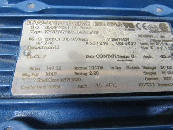 Sew Type KH87BDRE90L4BE5/TF 2HP 147.32RPM Electric Gear Motor 277/480V 3Ph