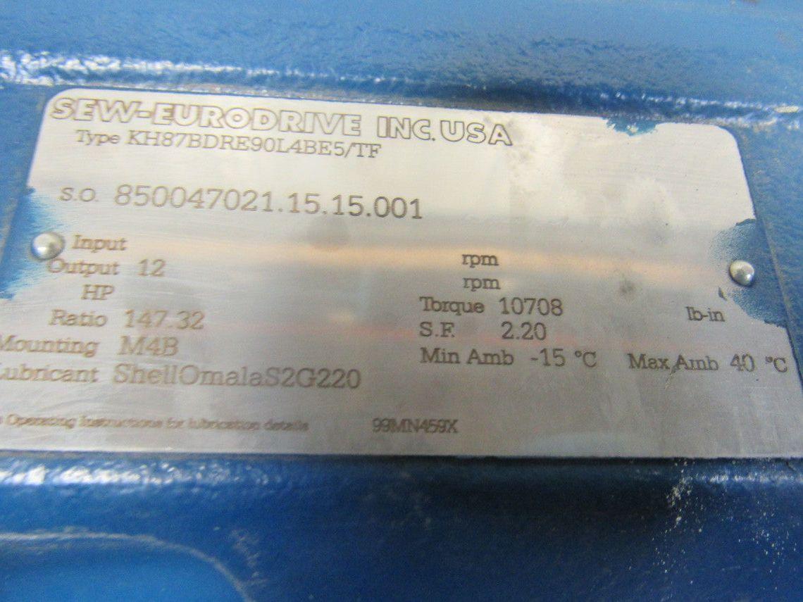 Sew Type KH87BDRE90L4BE5/TF 2HP 147.32RPM Electric Gear Motor 277/480V 3Ph