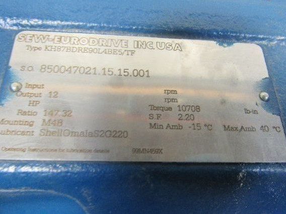 Sew Type KH87BDRE90L4BE5/TF 2HP 147.32RPM Electric Gear Motor 277/480V 3Ph