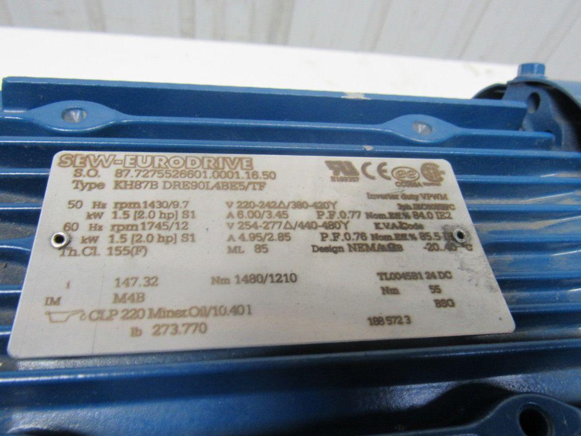 SEW Type KH87BDRE90L4BE5/TF 2HP 147.32RPM Electric Gear Motor 277/480V 3Ph