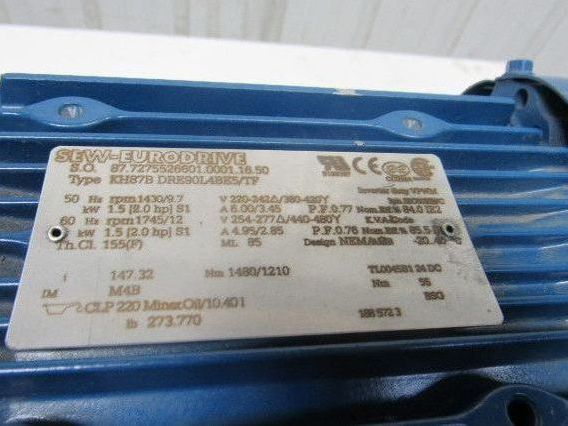 SEW Type KH87BDRE90L4BE5/TF 2HP 147.32RPM Electric Gear Motor 277/480V 3Ph
