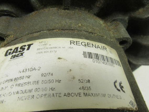 Gast R4310A-2 Regenair Blower Vacuum 1 HP 3450 RPM 208-230/460V 3Ph
