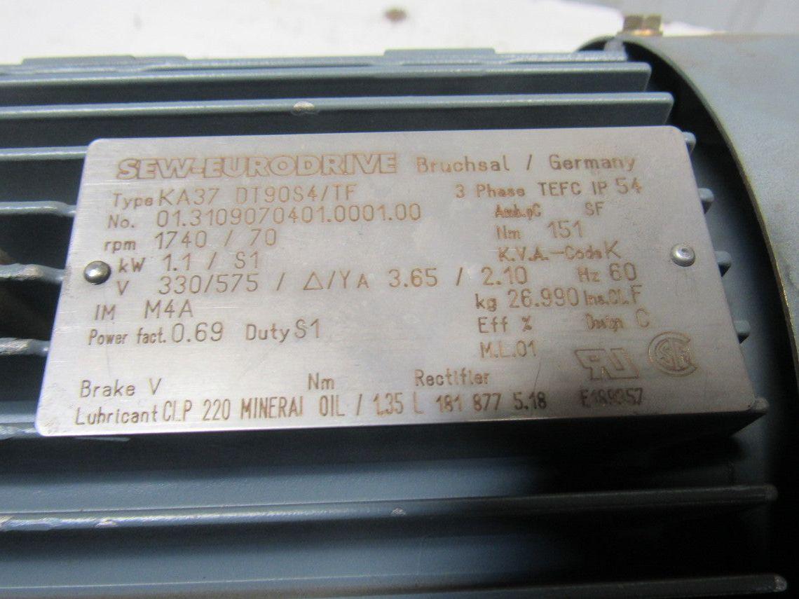 SEW-EURODRIVE KA37 DT90S4/TF Gear Motor 1.1KW 1740/70RPM330/575V 3PH