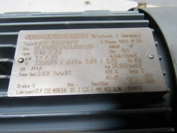 SEW-EURODRIVE KA37 DT90S4/TF Gear Motor 1.1KW 1740/70RPM330/575V 3PH