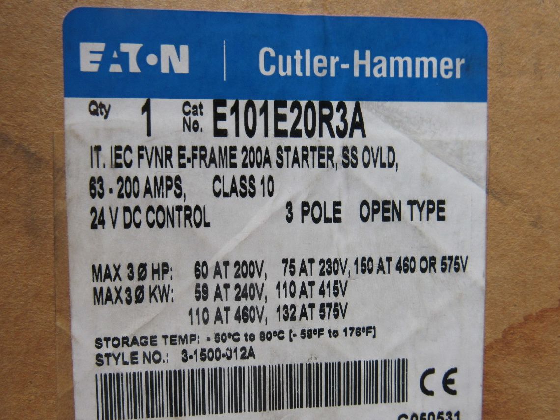 Eaton Cutler Hammer E101E20R3A FVNR E-Frame 200A Starter 63-200A 24VDC Control