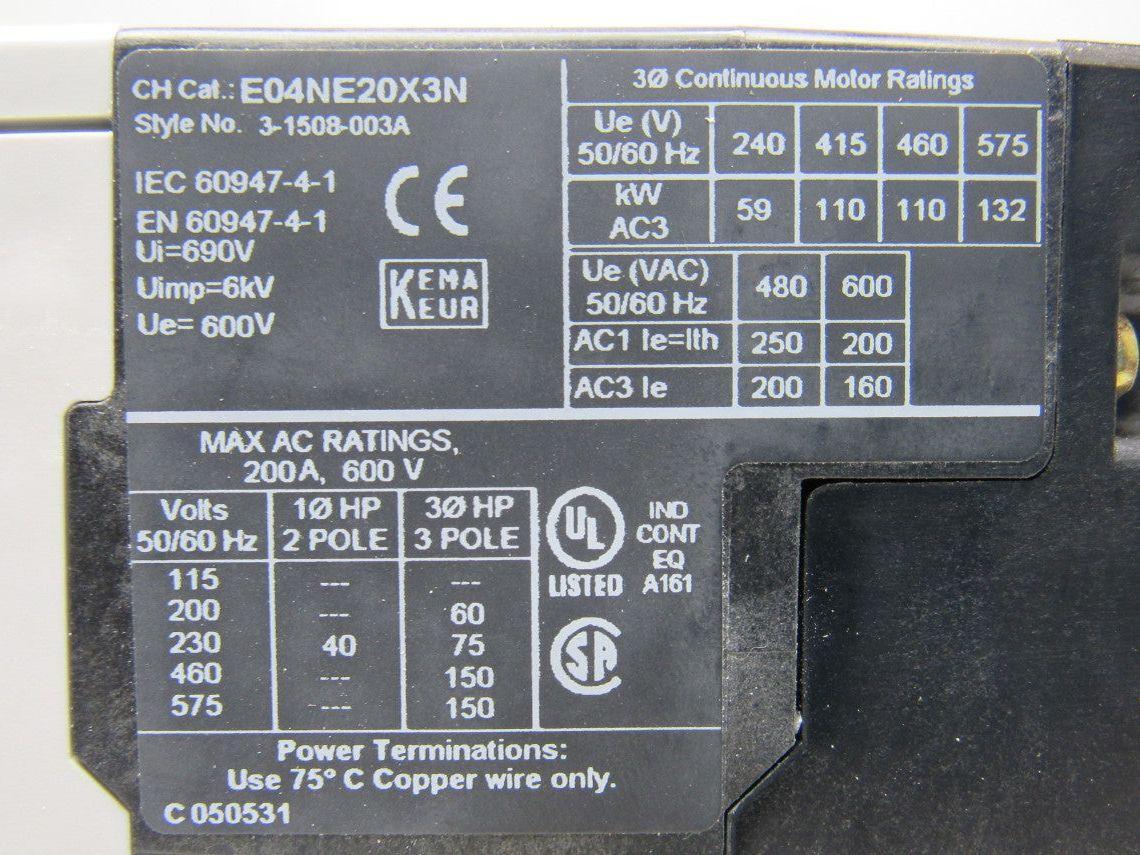 Eaton Cutler Hammer E101E20R3A FVNR E-Frame 200A Starter 63-200A 24VDC Control