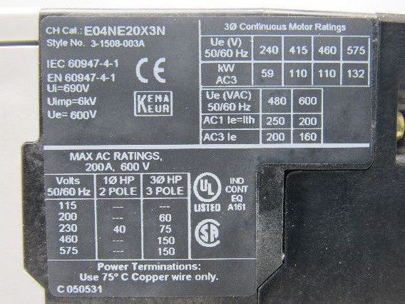 Eaton Cutler Hammer E101E20R3A FVNR E-Frame 200A Starter 63-200A 24VDC Control