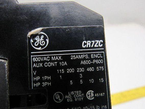 General Electric CR7ZC-10 Contactor 25A 600V 3Ph