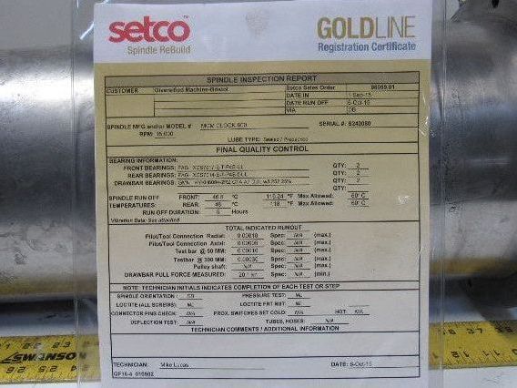 MCM CLOCK 600 Horizontal Machining Center Spindle Assembly Setco Rebuild Setco