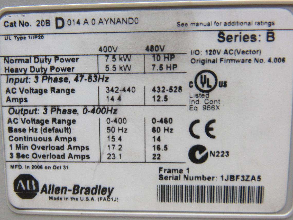Allen Bradley 20BD0140AYNAND0 SerB PowerFlex 700 10Hp Motor Drive