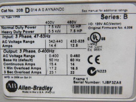 Allen Bradley 20BD0140AYNAND0 SerB PowerFlex 700 10Hp Motor Drive