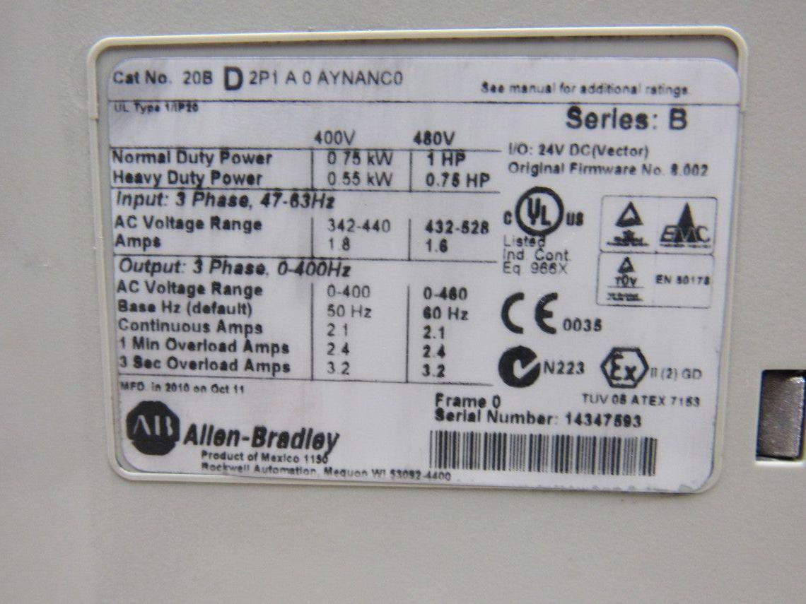 Allen Bradley 20BD2P1A0AYNANC0 Ser B PowerFlex 700 1Hp Motor Drive VFD