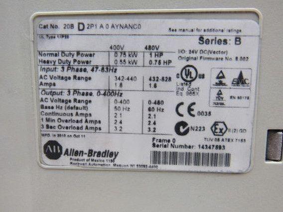 Allen Bradley 20BD2P1A0AYNANC0 Ser B PowerFlex 700 1Hp Motor Drive VFD