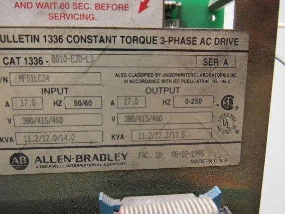 Allen Bradley 1336-B010-EJD-L3 Ser A Constant Torque AC Drive 17 Amp